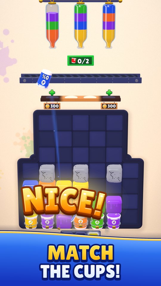 Match the cups: a juice cup on the conveyor and a colorful board of blocks